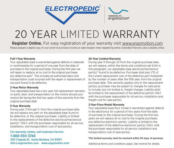 Electropedic Warranty